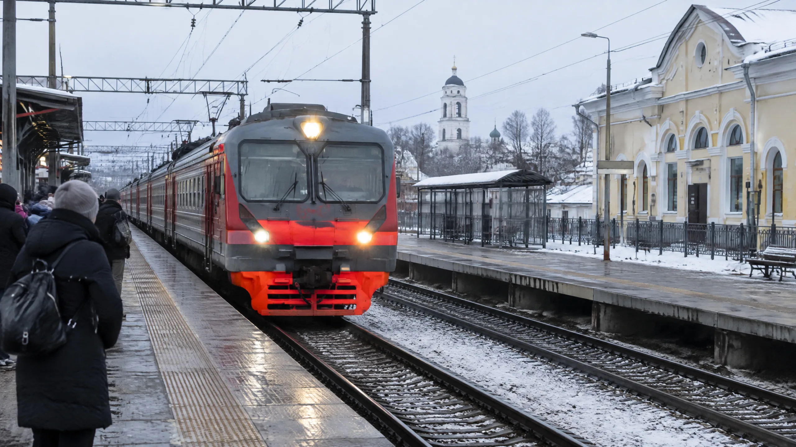 Электричка у платформы железнодорожного вокзала в Дмитрове