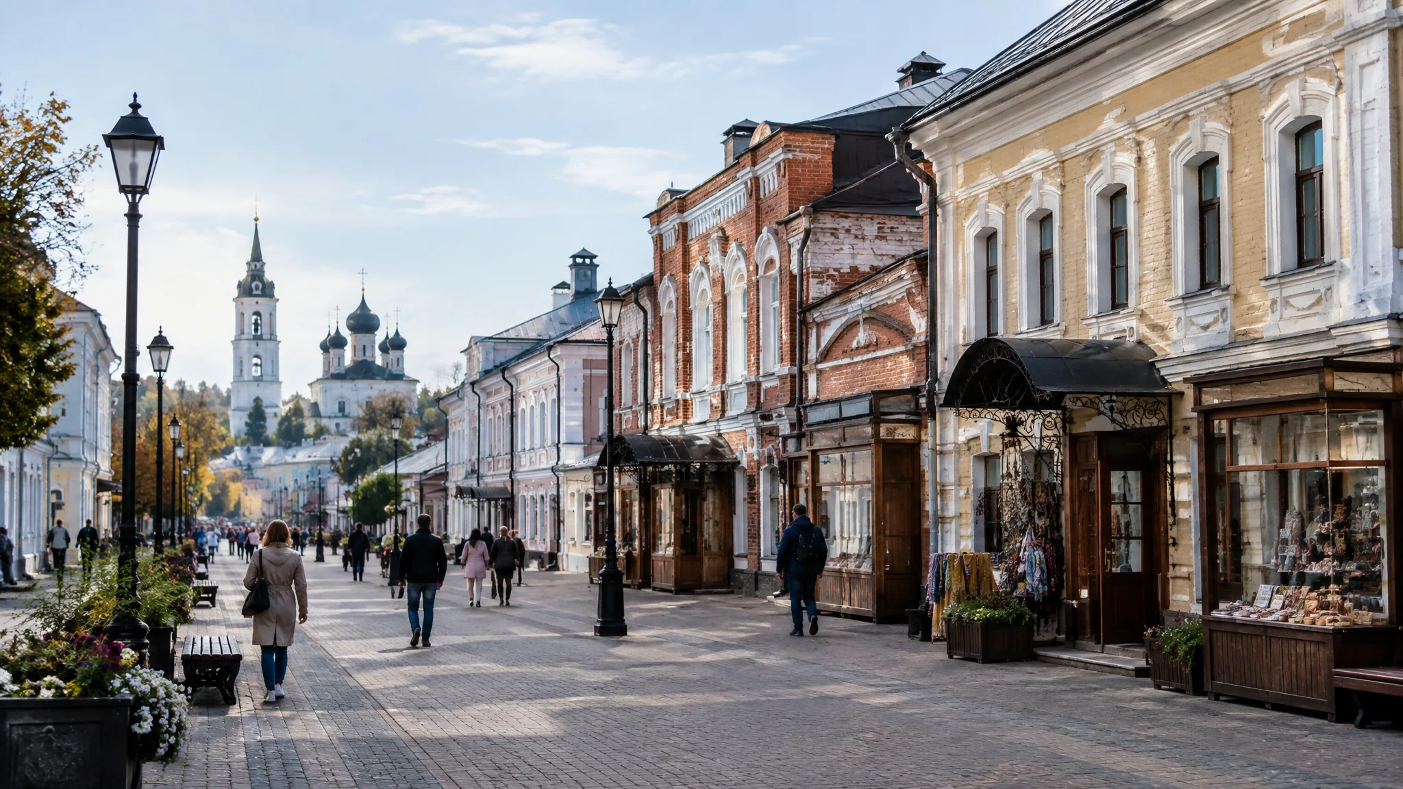 Пешеходная часть улицы Загорской и историческая застройка