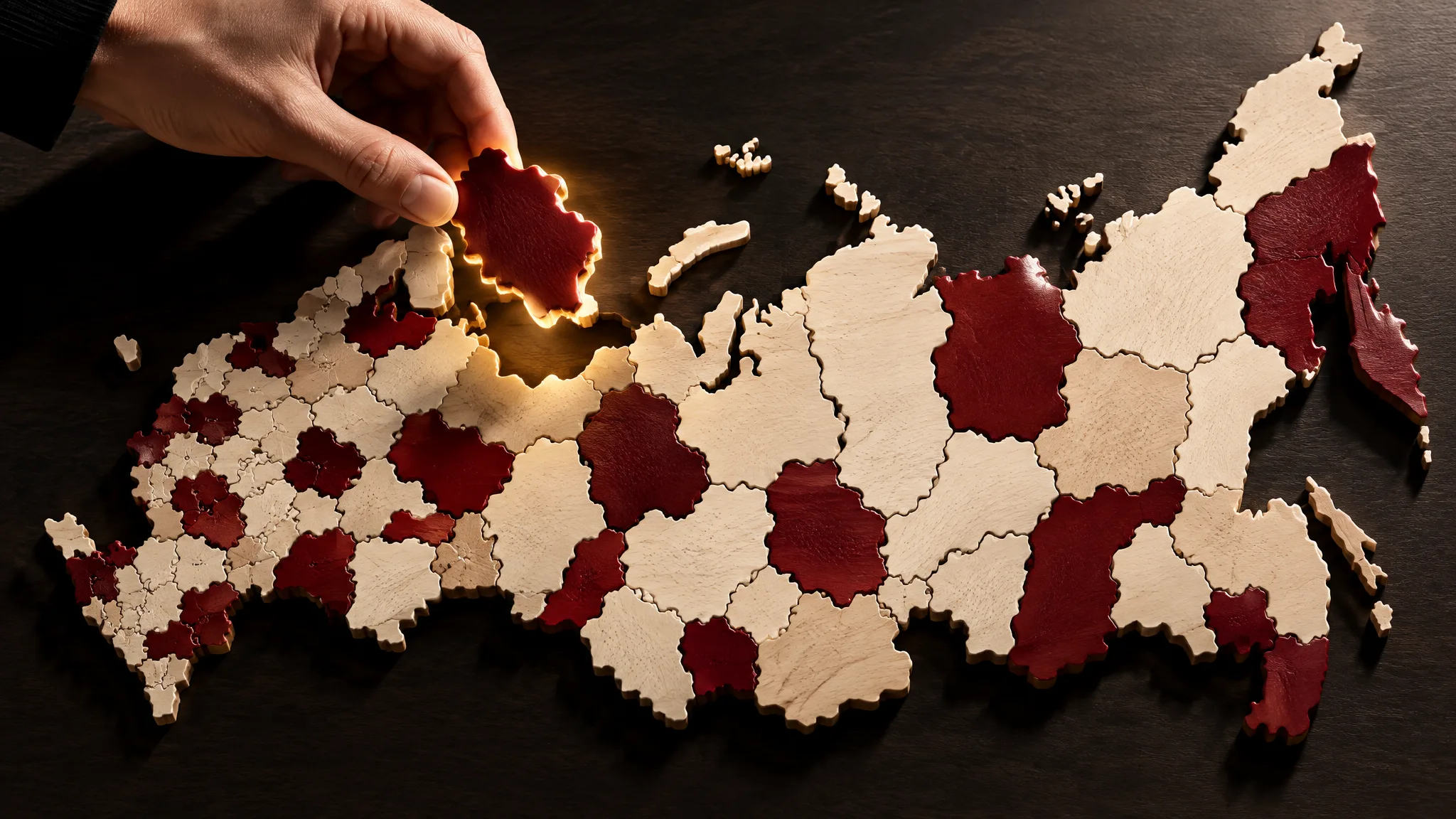 Рельефная деревянная карта-пазл регионов России с выделением разных типов субъектов