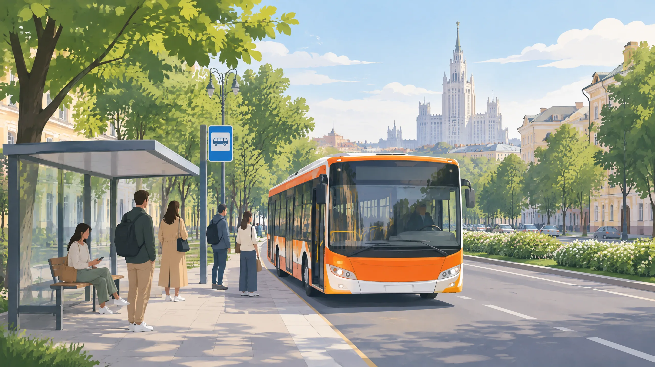 Оранжево-белый компенсационный автобус на зелёном бульваре центра Москвы, пассажиры ждут у стеклянной остановки