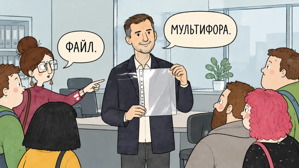 Комикс одним кадром: гид в офисе держит один прозрачный карман, рядом говорят файл и мультифора