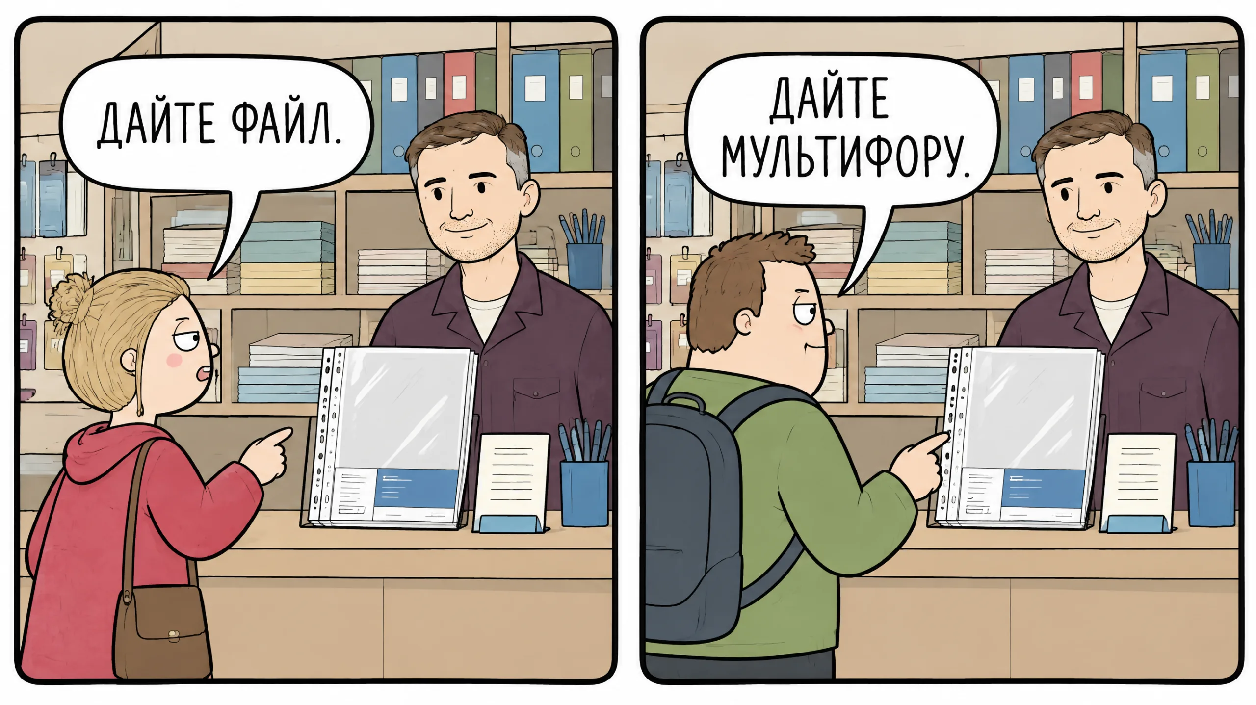 Комикс: у прилавка один просит файл, другой мультифору, на полке одна пачка карманов