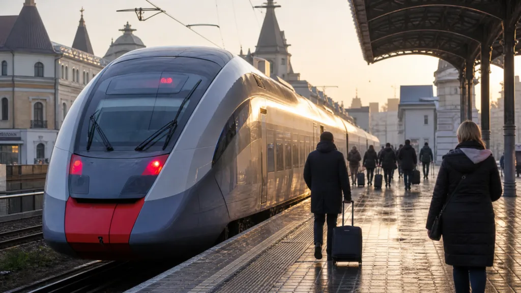 Утро на Ярославском вокзале в Москве: электропоезд у платформы перед поездкой в Кострому