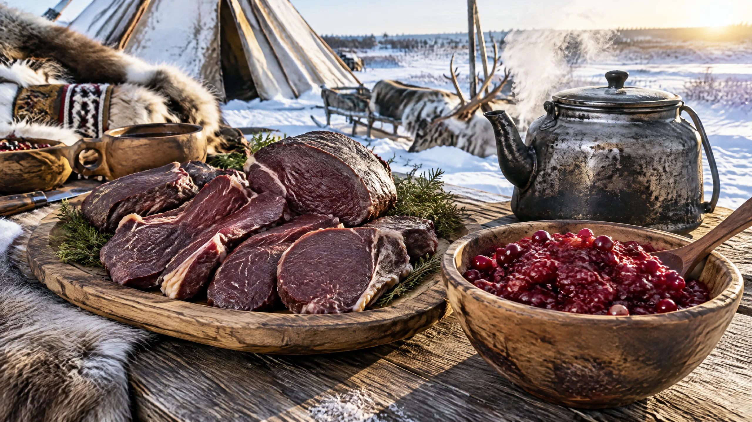 Свежее оленье мясо с брусничным сбором и походным чайником на снегу