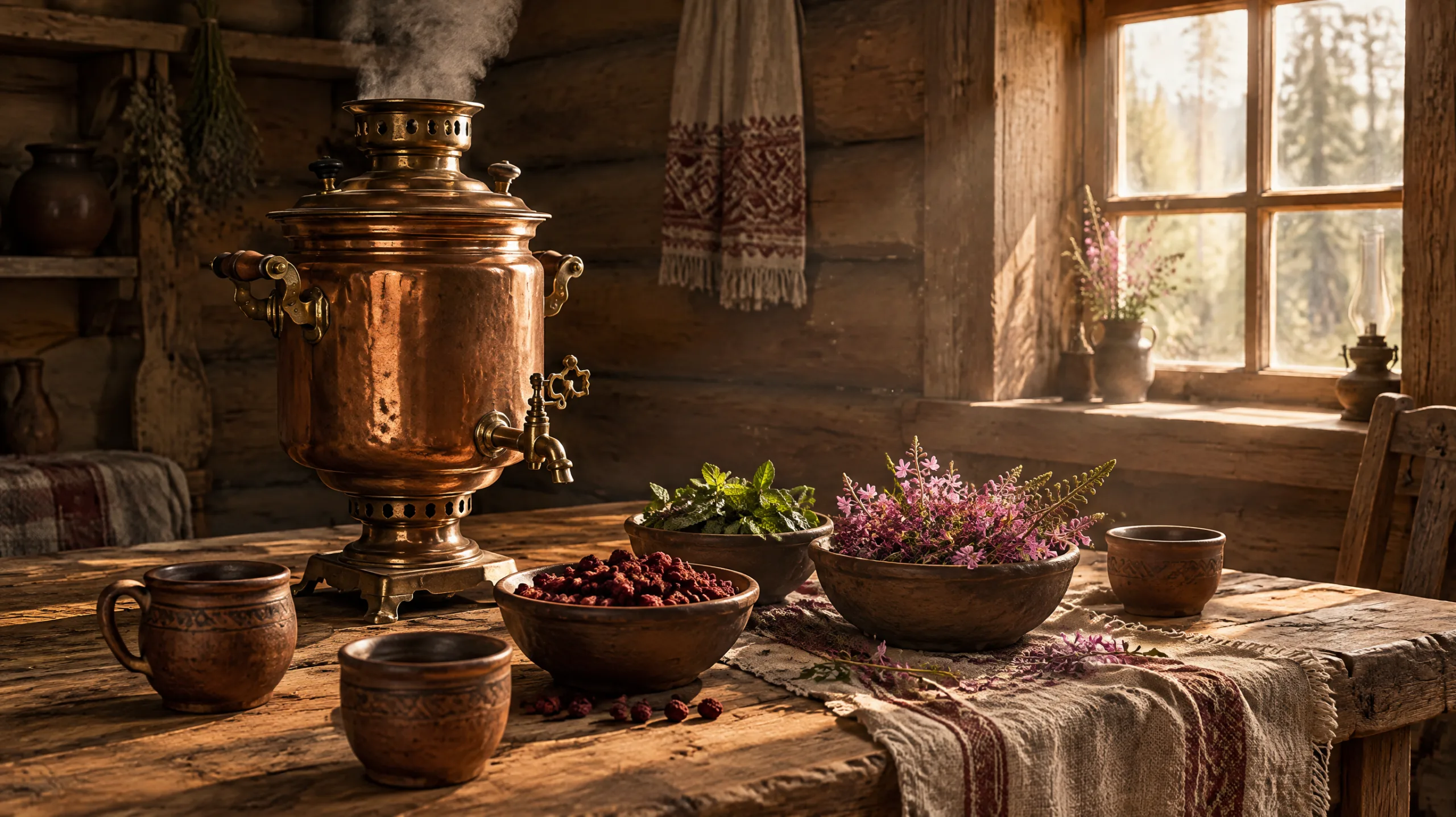 Иллюстрация. Медный самовар, сушеные лесные травы, кипрей и глиняные чаши на деревянном столе в избе.