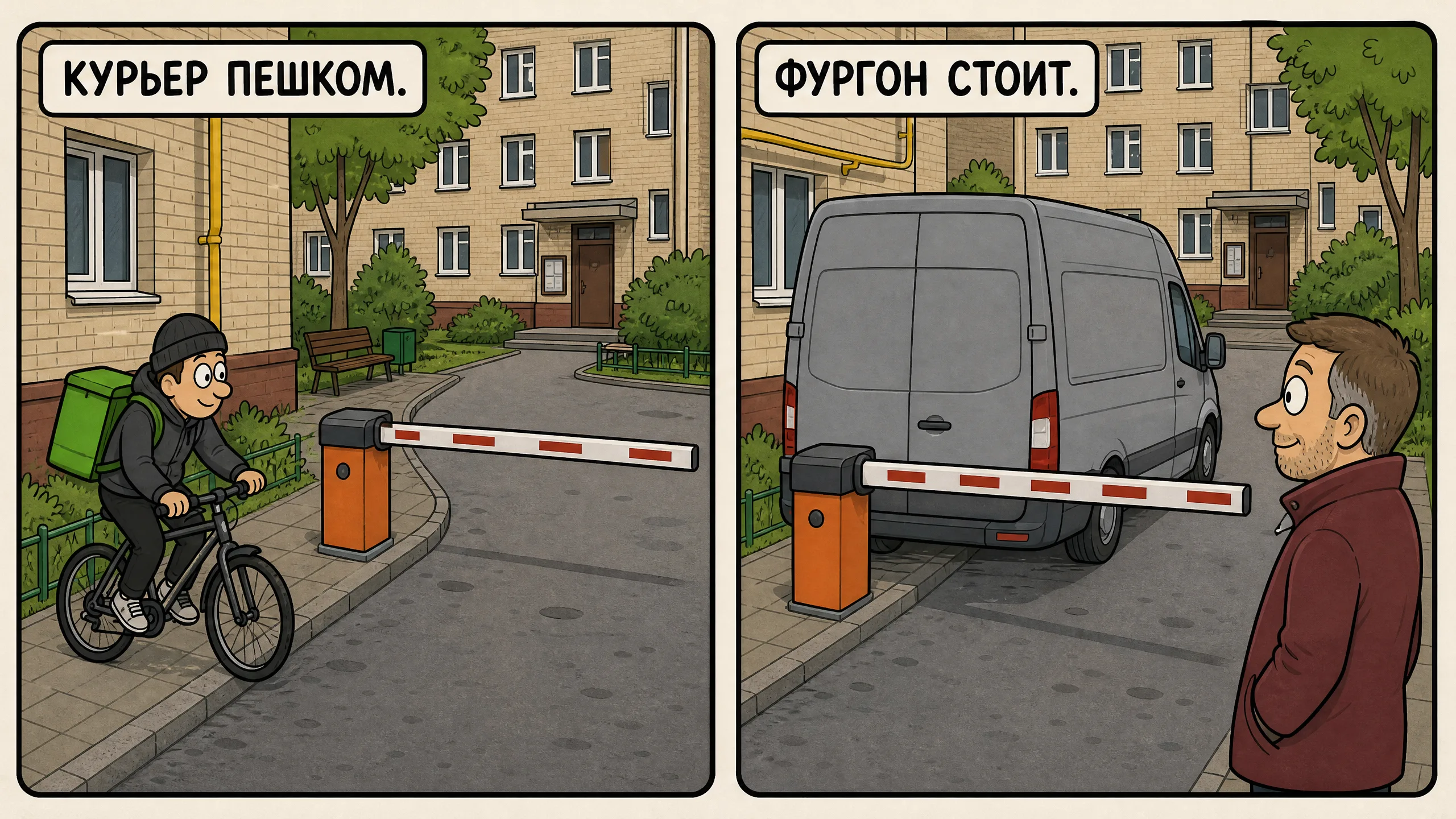 Курьер обходит тумбу по тротуару, фургон стоит перед закрытой стрелой.