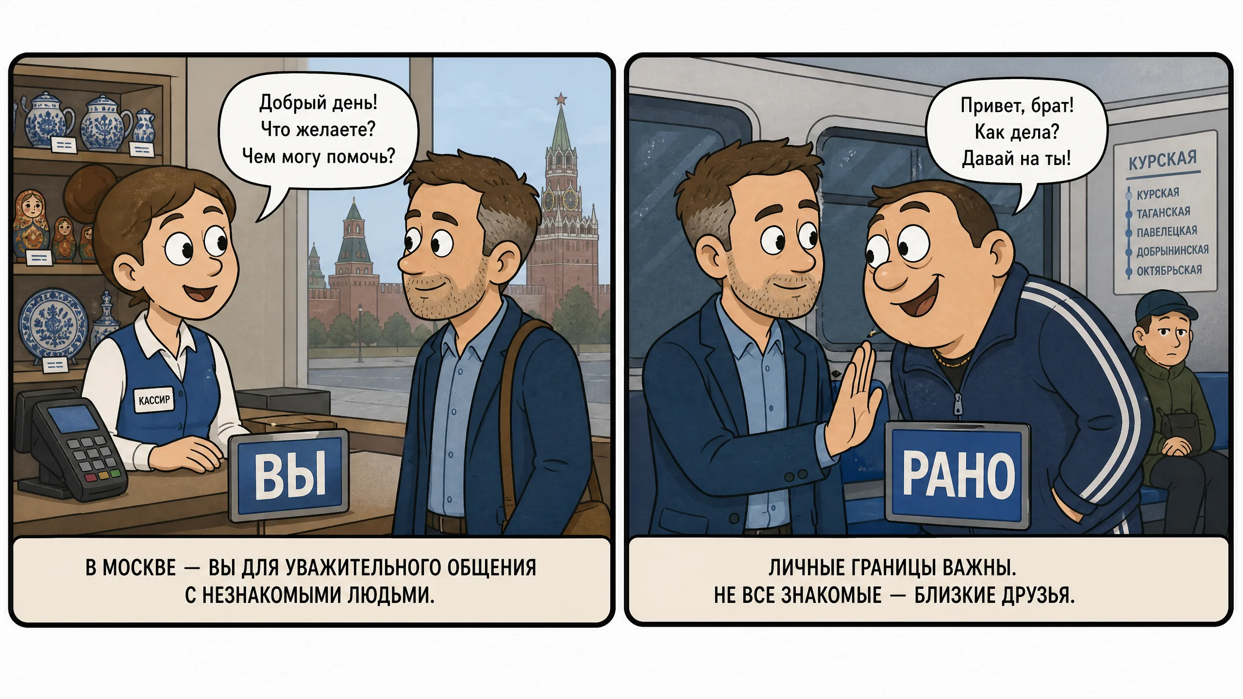 В вагоне метро после случайного толчка держат нейтральное вы